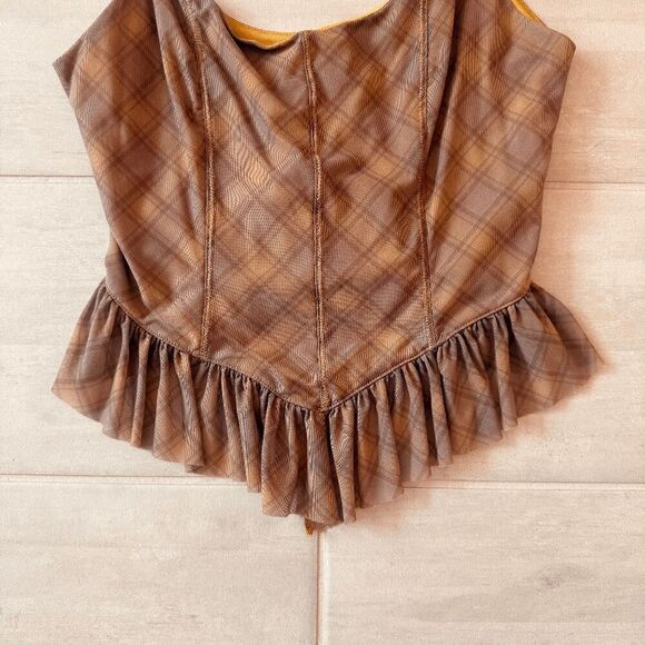 Urban Outfitters Brown Plaid Mesh Camisole Top Ruffled Peplum Hem Sorset-style M - Picture 7 of 7